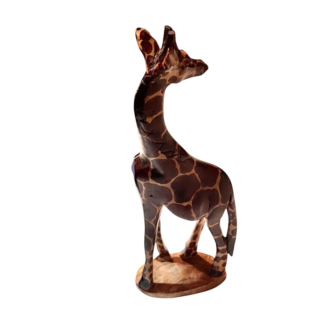Hand Carved 12" Wood Giraffe Wood Base Made In Africa Hand-painted Smooth Wood